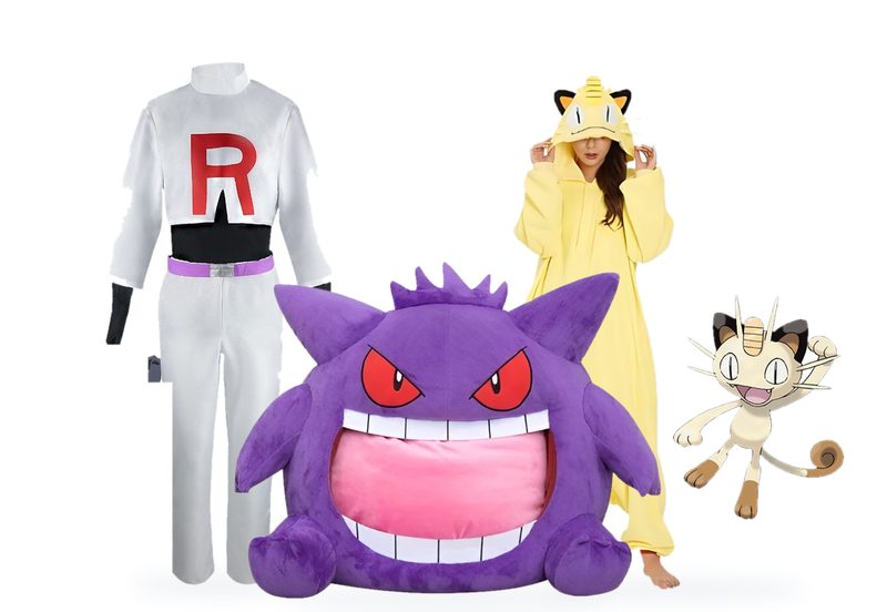 Team Rocket James costume, Gengar blanket and Meowth onesie